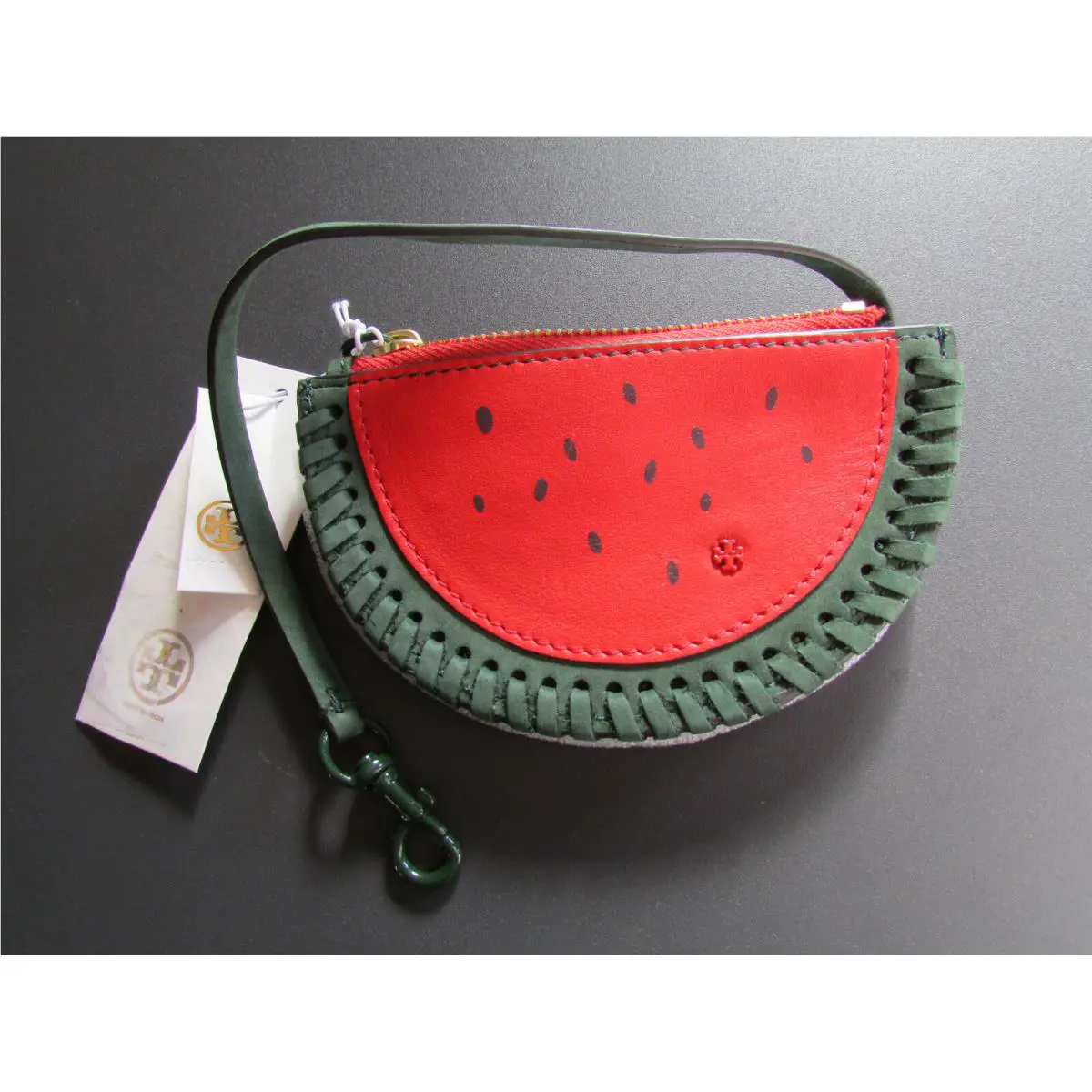 Tory Burch Purse Charm Coin Pouch Key Fob Leather Watermelon Wristlet