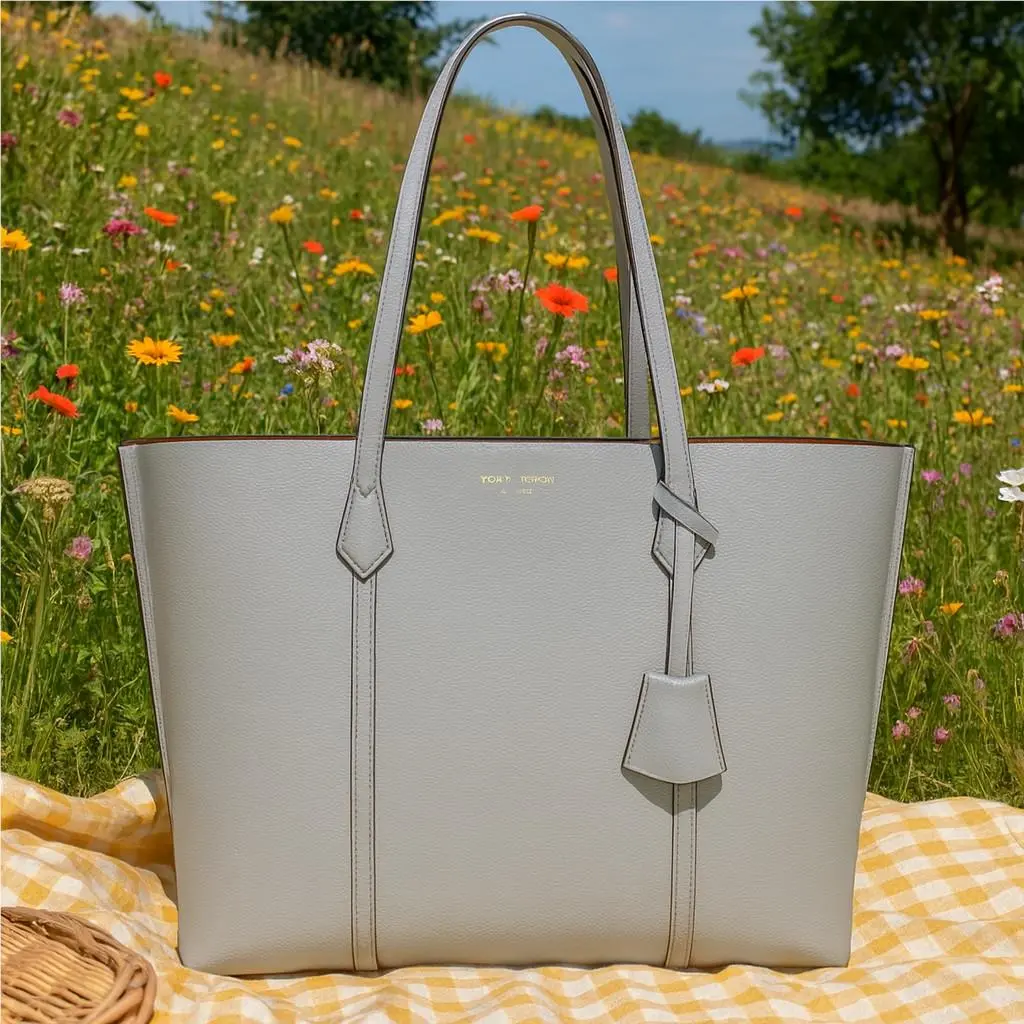 Tory Burch Perry Triple Compartment Bay Gray Leather Large Shopper Tote Bag