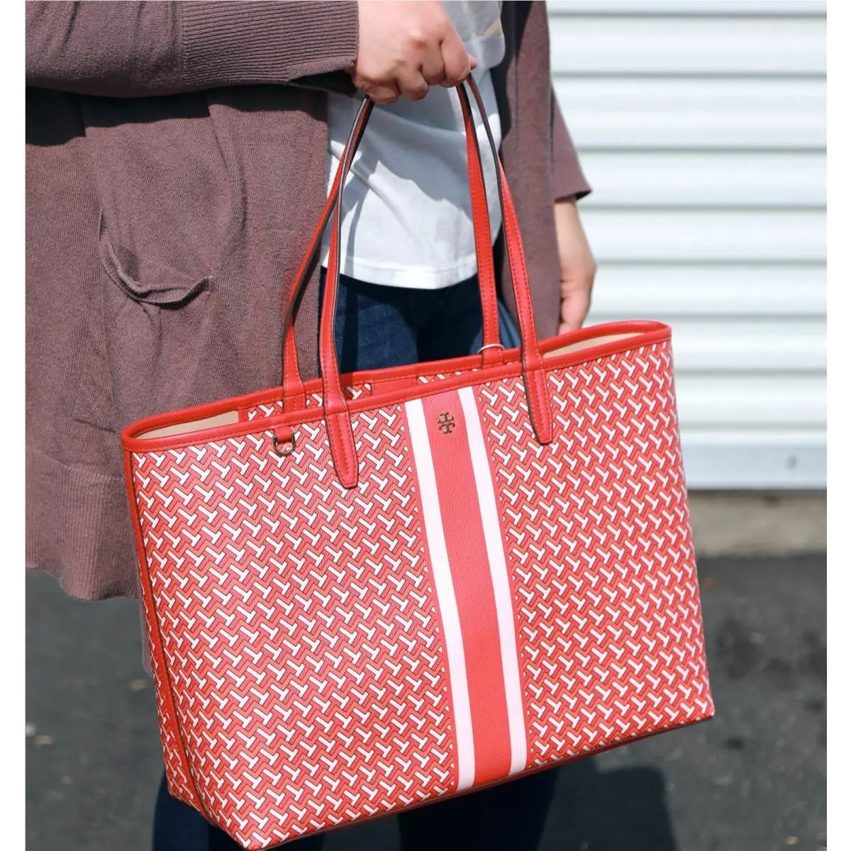 Tory Burch Nib T Tilt T Tilt Allover Tzag Large Red Coated Canvas Tote Red
