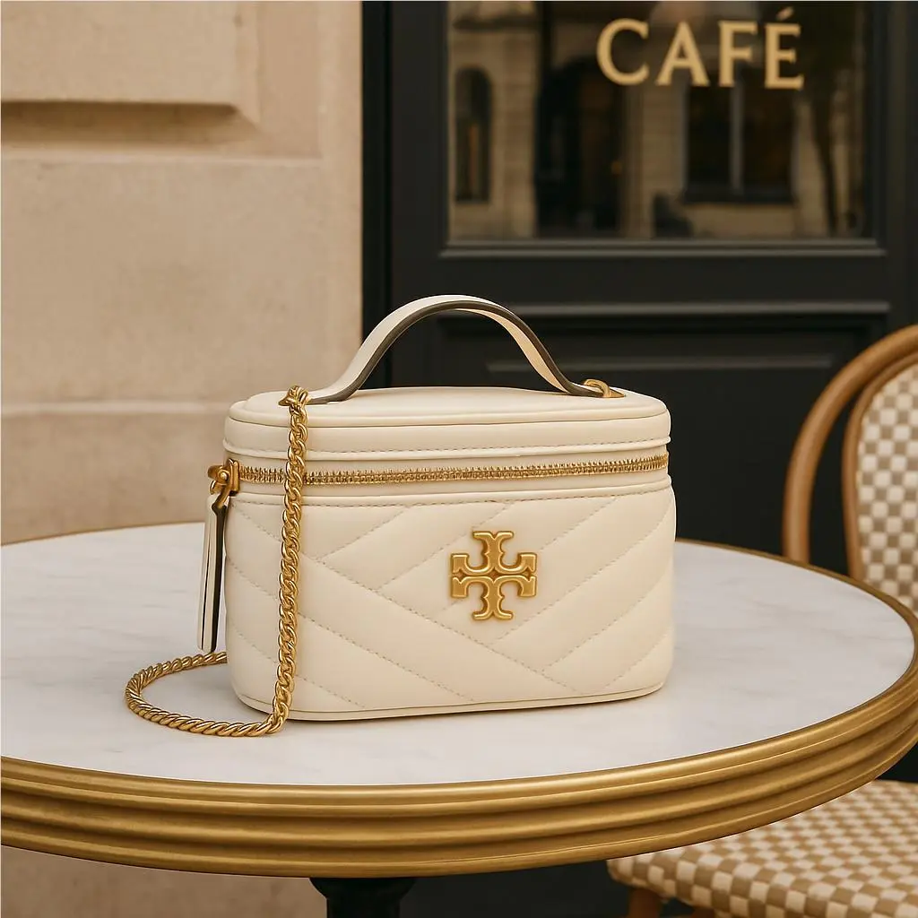 Tory Burch Kira Chevron Cream Leather Mini Vanity Case/shoulder Bag/mini Bag