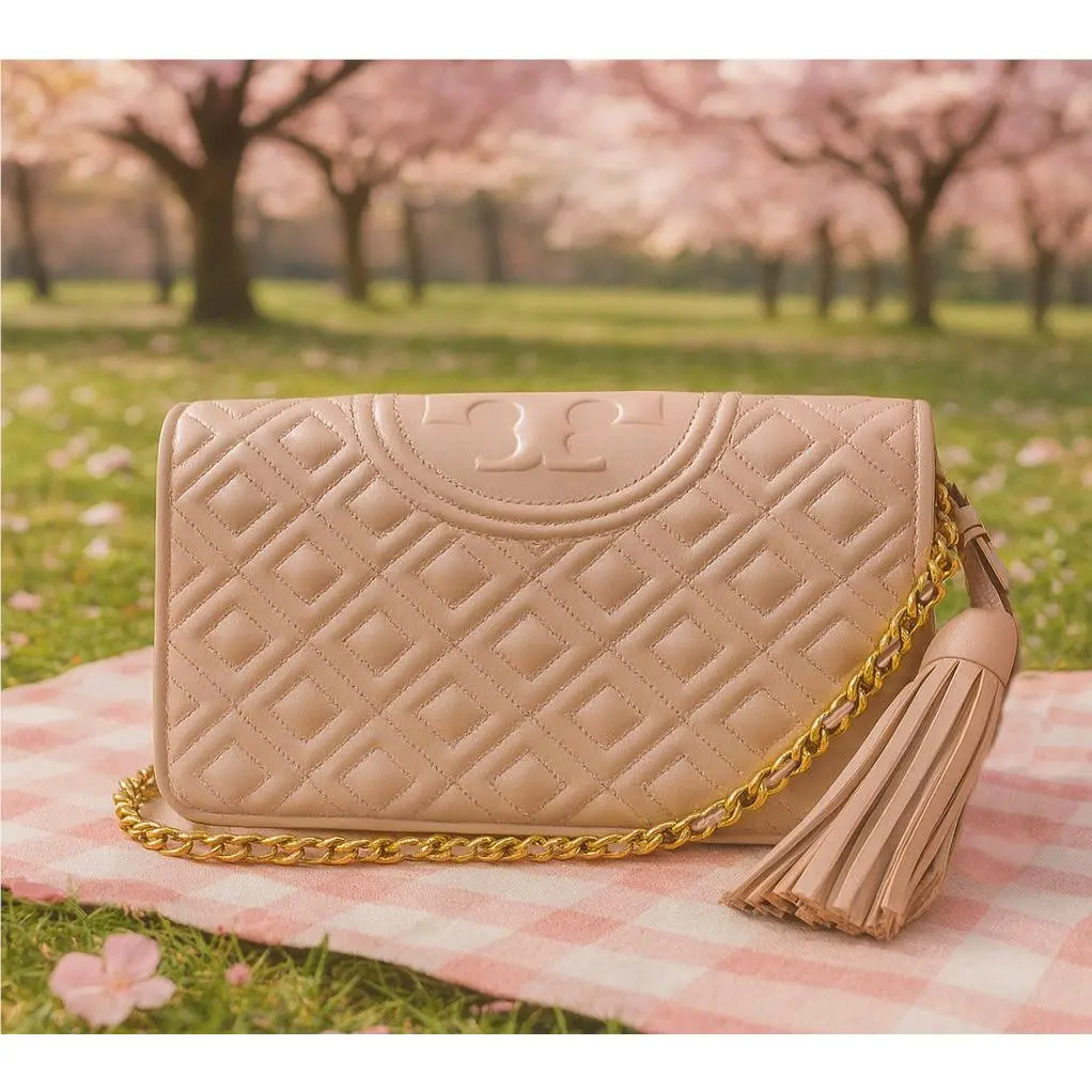 Tory Burch Fleming Shell Pink Leather Chain Wallet Crossbody/shoulder Bag