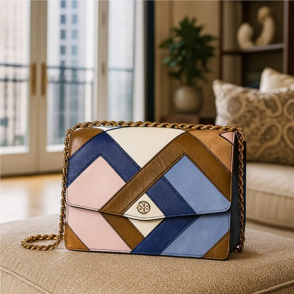 Tory Burch Robinson Navy/multi Color Pieced Shoulder Bag/crossbody Bag