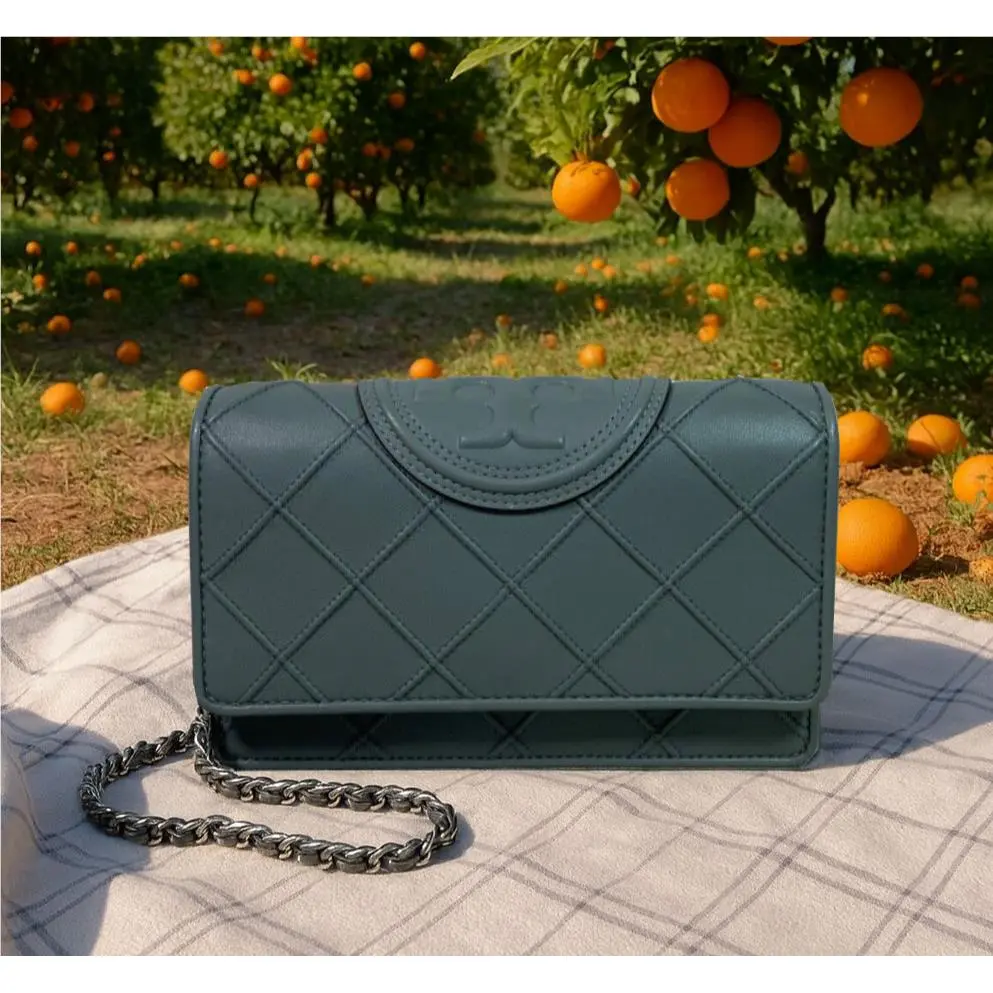 Tory Burch Soft Fleming Blue Clay Leather Chain Wallet/crossbody Bag/clutch