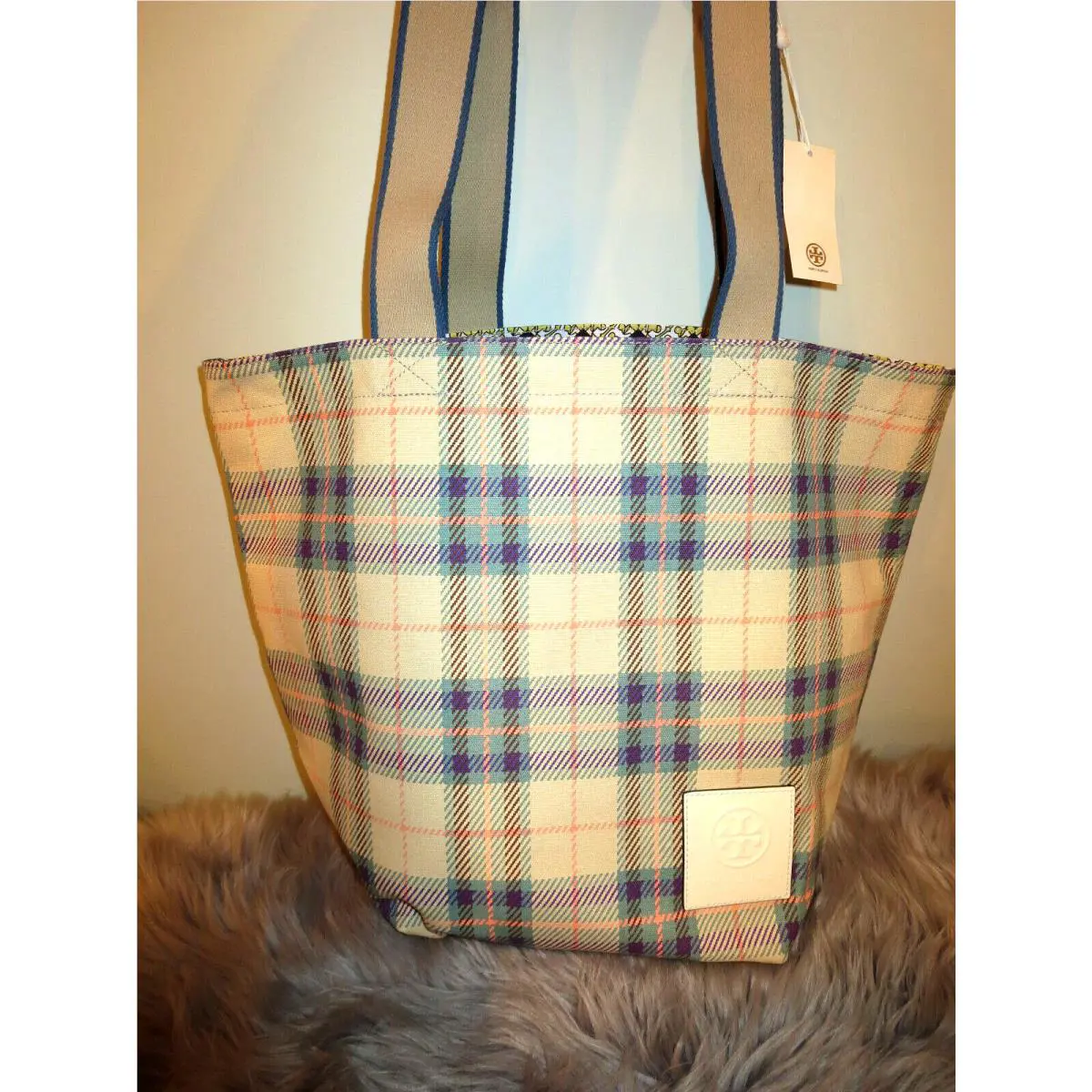 Tory Burch Ella Canvas Gracie Lakeside Plaid Market Tote-oversized
