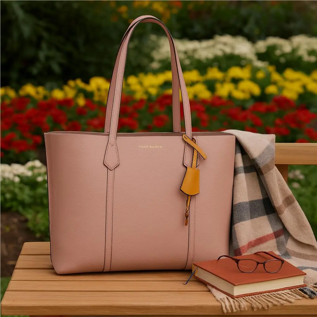 Tory Burch Perry Pink Moon Leather Triple Compartment Shopper Tote Bag