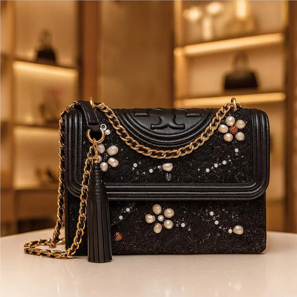 Tory Burch Fleming Black Embellished Tweed Small Convertible Shoulder Bag