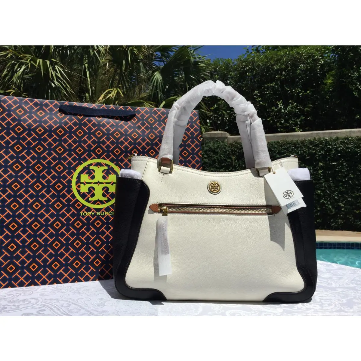 Tory Burch Frances Colorblock Satchel Ivory/bark/black +gift Bag