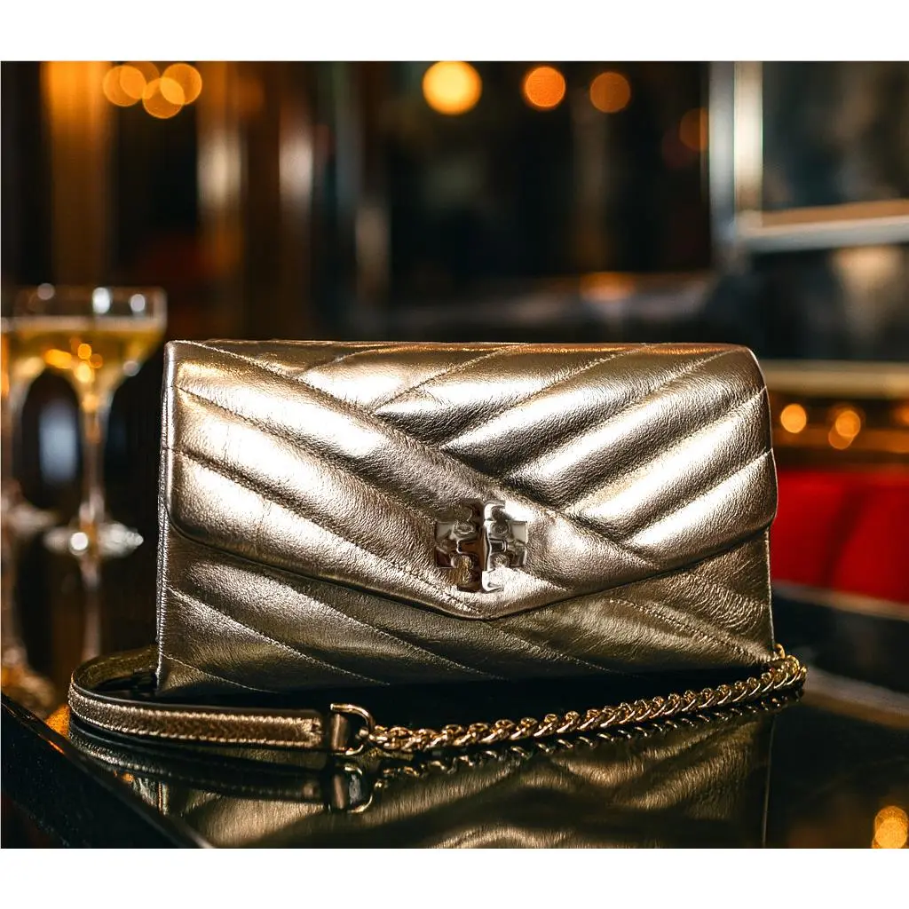 Tory Burch Kira Chevron Metallic Gold Leather Chain Wallet/crossbody Bag