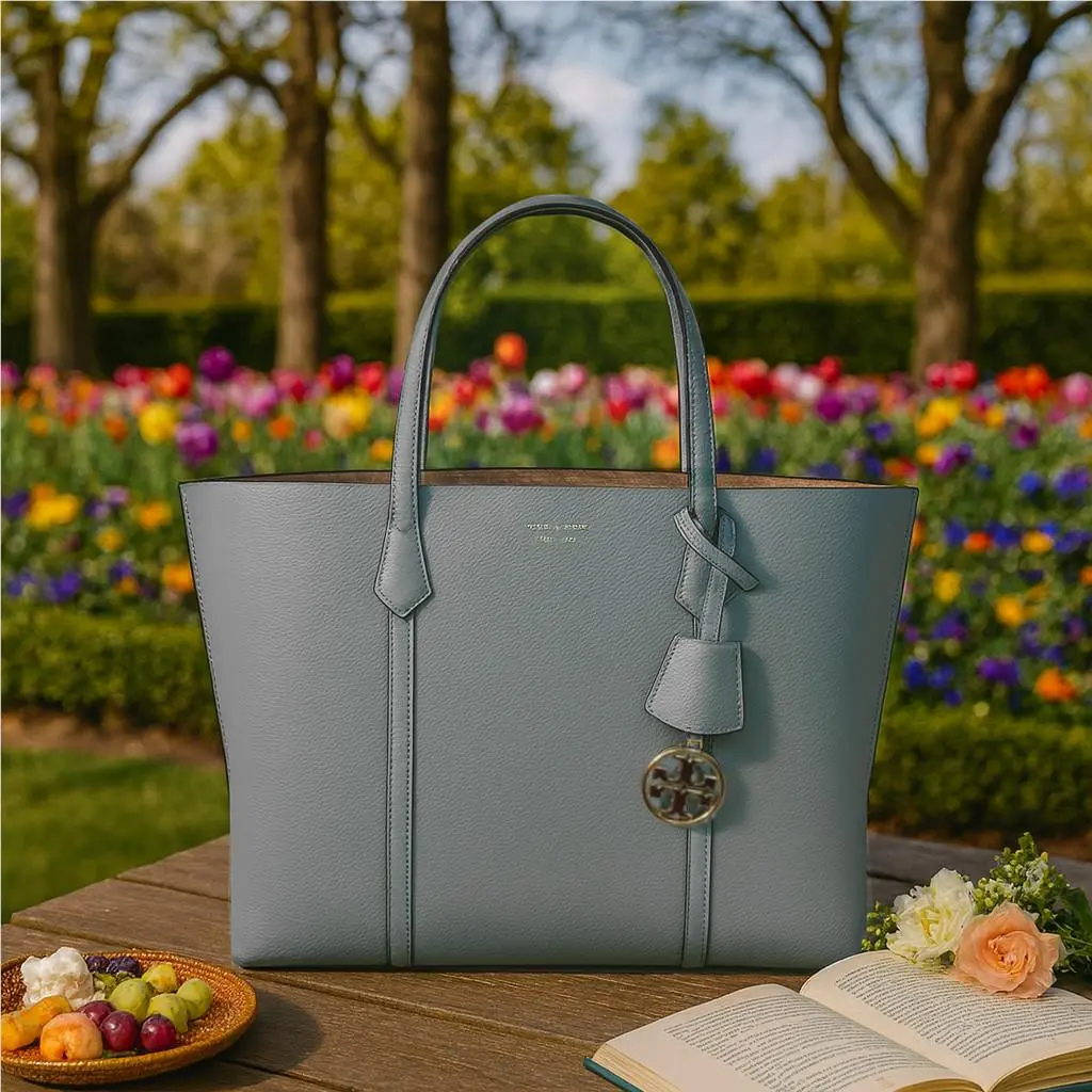 Tory Burch Perry Triple Compartment Blue Celadon Large Leather Tote