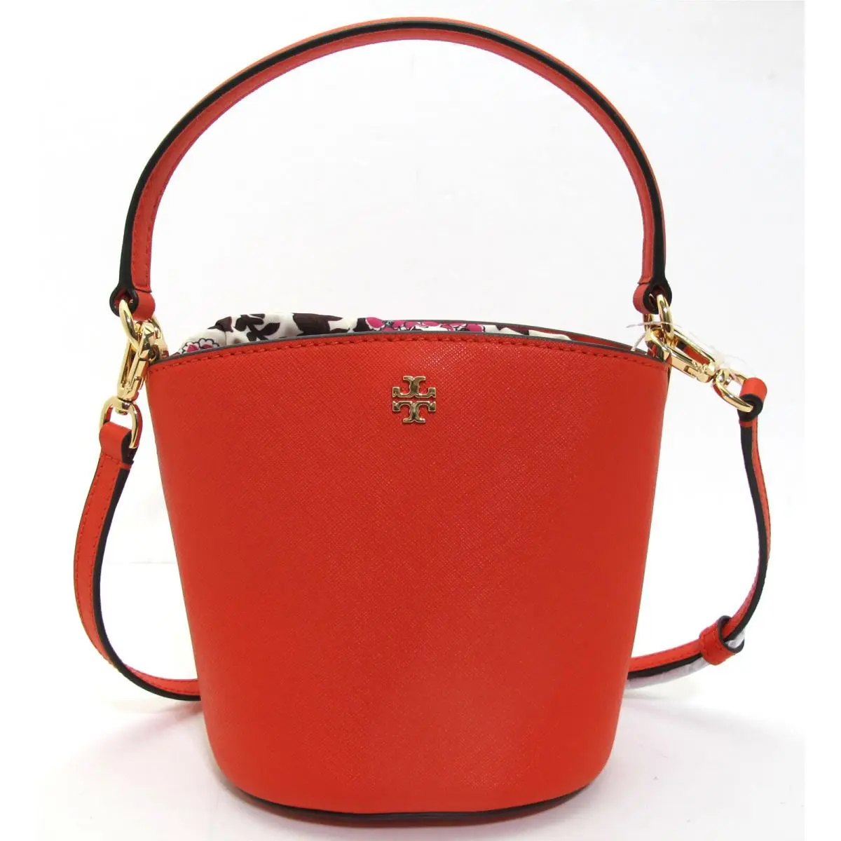 Tory Burch Emerson Mini Drawstring Bucket Leather Crossbody Bright Samba Red