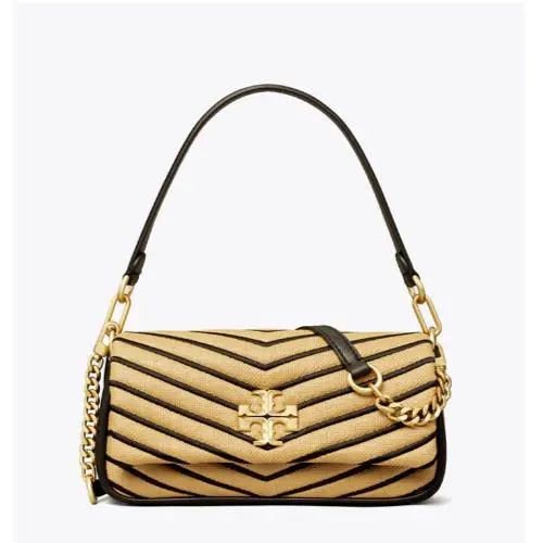 Tory Burch Small Kira Chevron Flap Shoulder Bag Natural Straw Black Leather Gold
