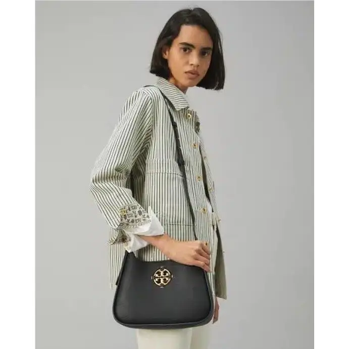Tory Burch Miller Small Hobo Bag Leather Black Gold Shoulder Handbag Purse