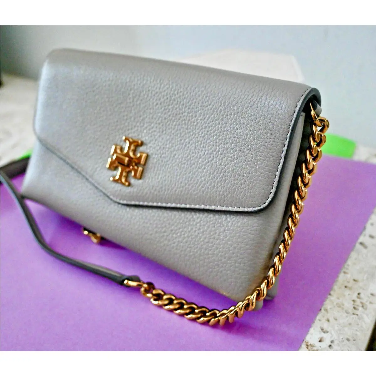 Tory Burch Kira Pebbled Leather Flap Chain Wallet Crossbody Bag Gray