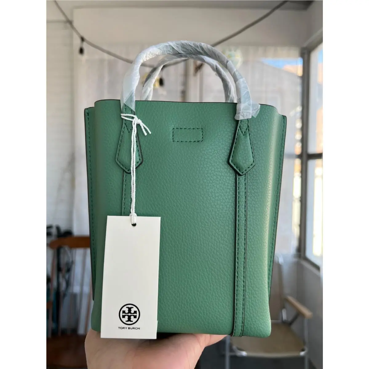 Tory Burch Perry Top Handles Mini Leather Tote Crossbody In Light Green