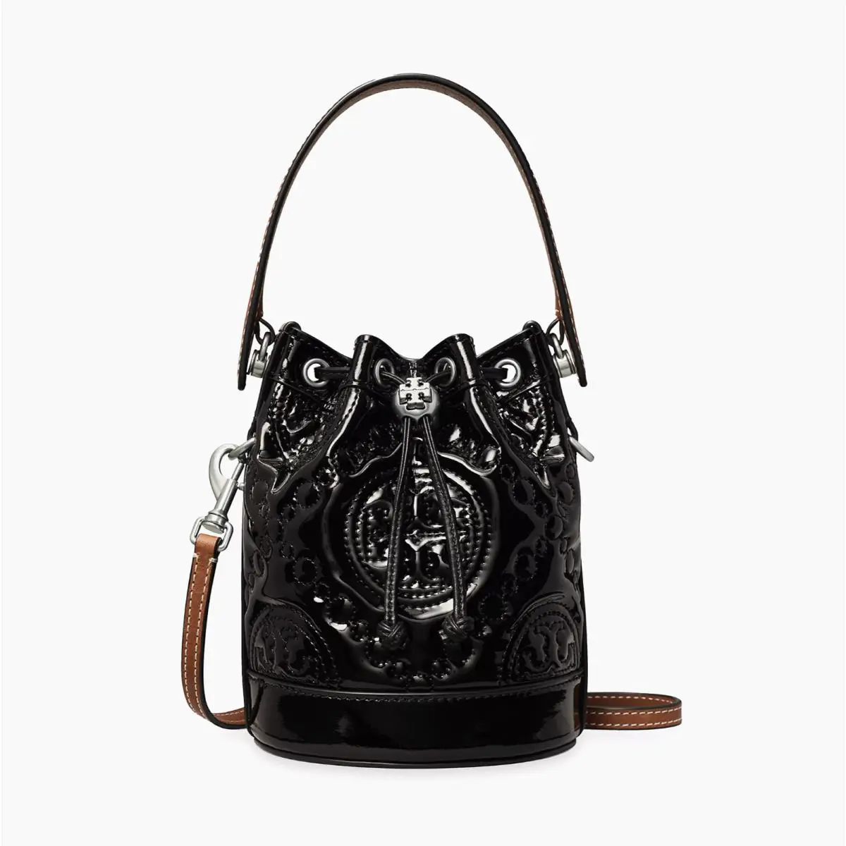 Tory Burch Mini T Monogram Puffy Patent Leather Bucket Bag Crossbody Black