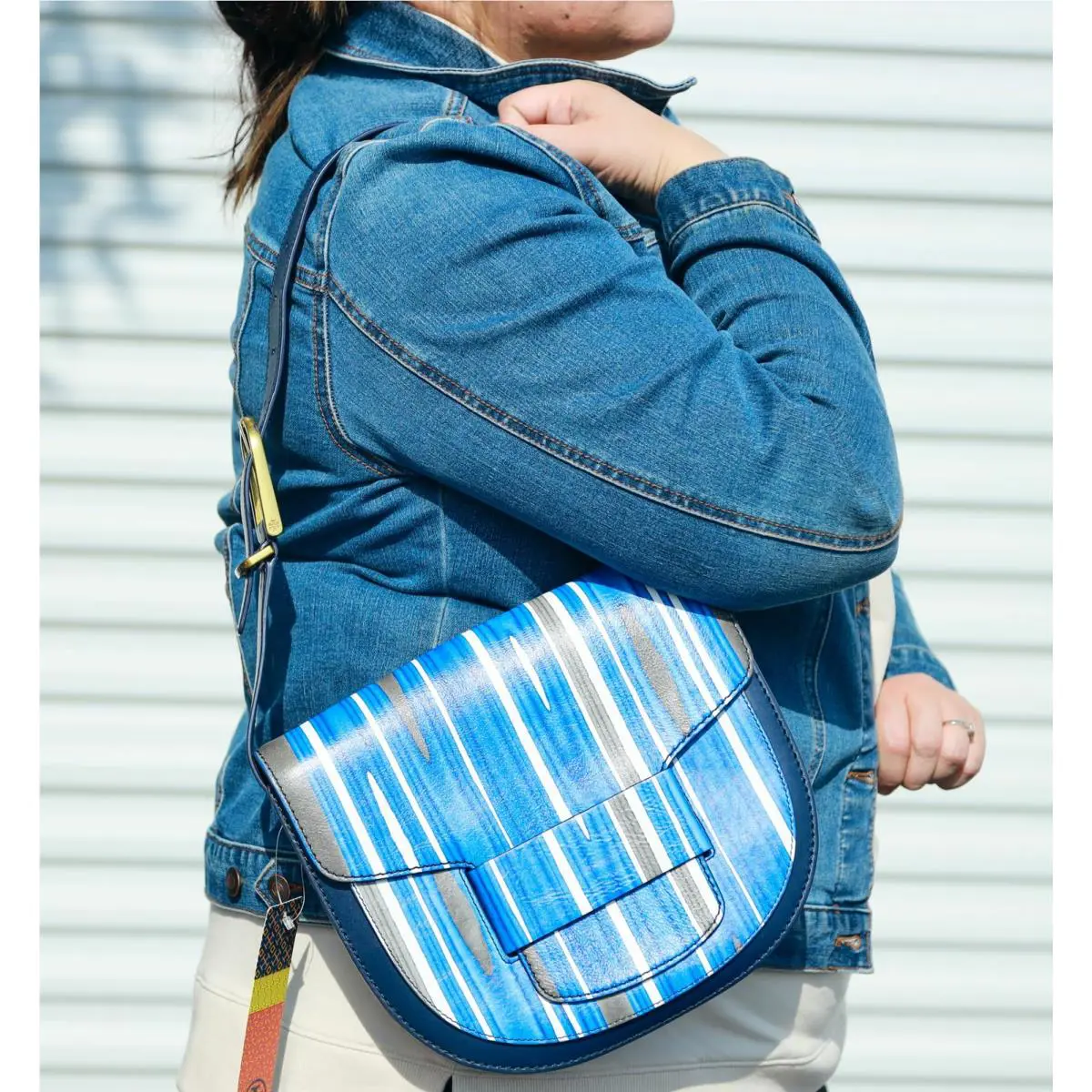 Tory Burch Crescent Ink Blue Striped Modern Buckle Saddle Bag