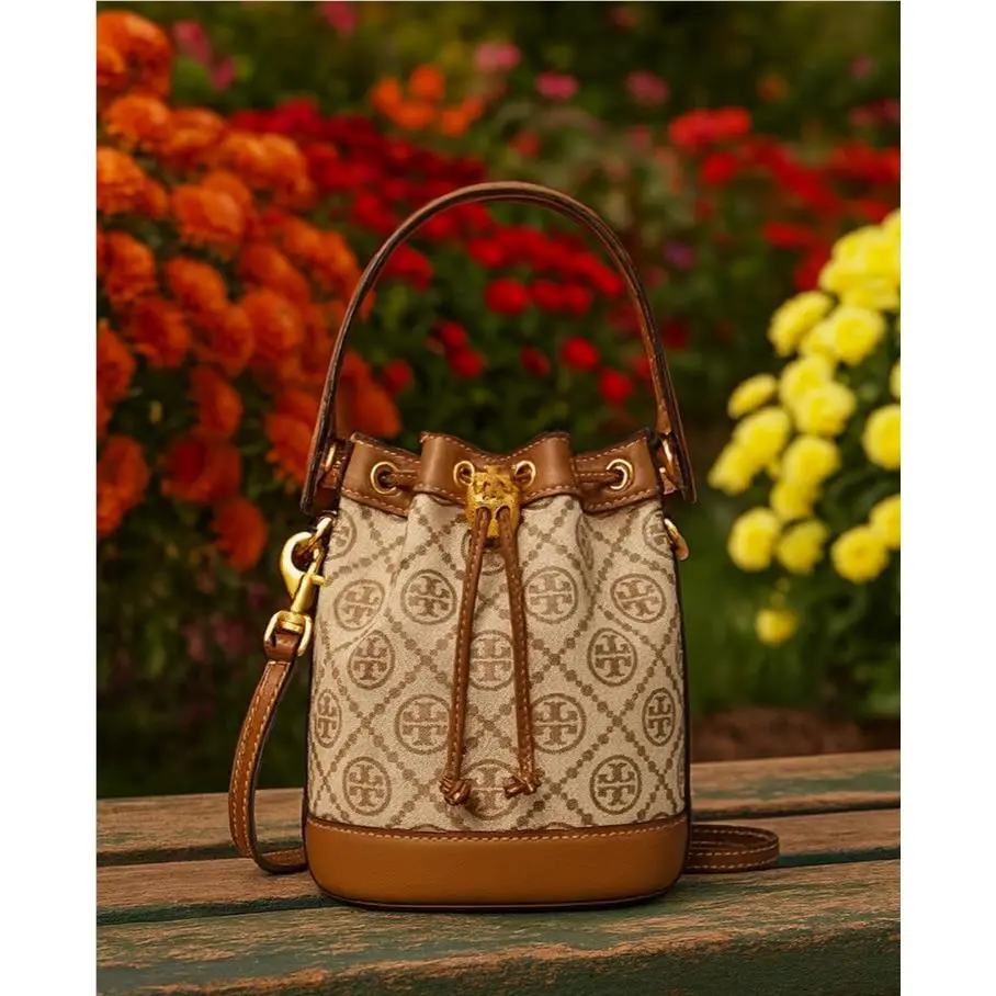 Tory Burch T Monogram Jacquard Hazelnut Tan Brown Mini Bucket/shoulder Bag