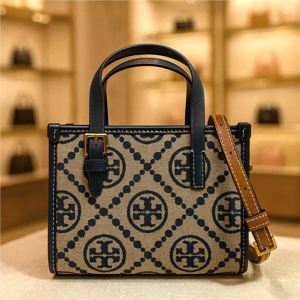 Tory Burch T Monogram Tory Navy Jacquard Mini Tote Bag w/ Shoulder Strap