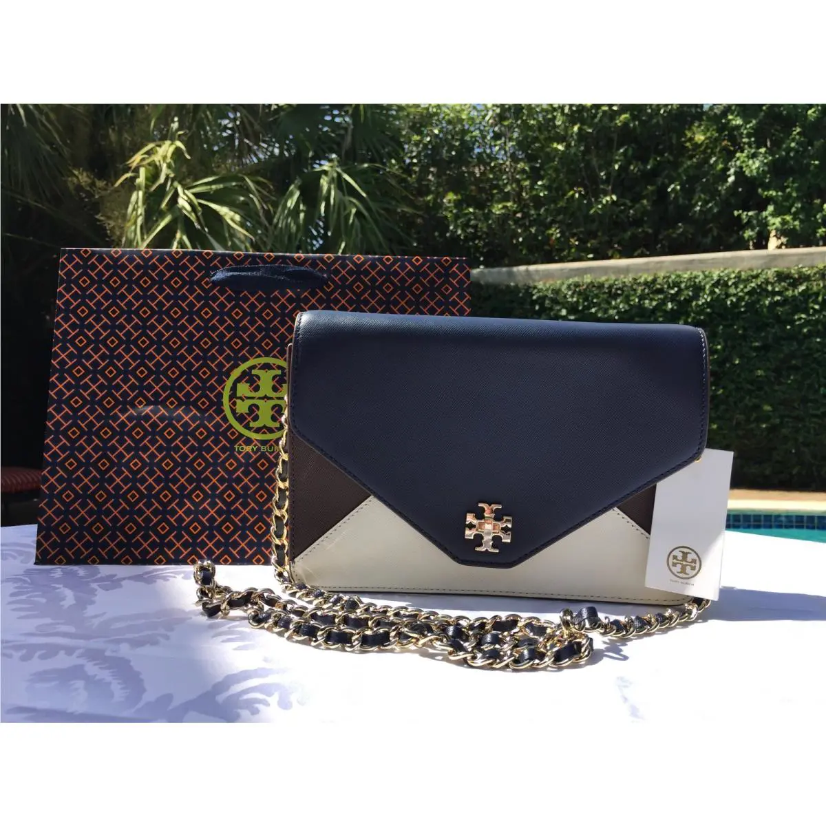 Tory Burch Kira Color Block Clutch Ivory/raisin/navy Gift Bag