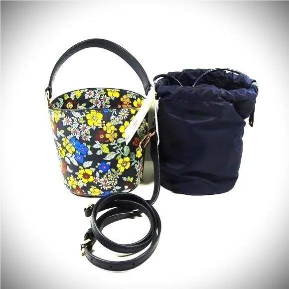 Tory Burch Emerson Printed Saffiano Leather Mini Backet Bag Floral