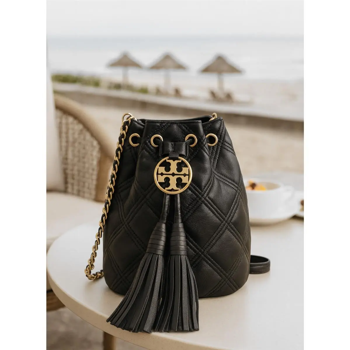 Tory Burch Soft Fleming Black Leather Mini Drawstring Bucket/crossbody Bag