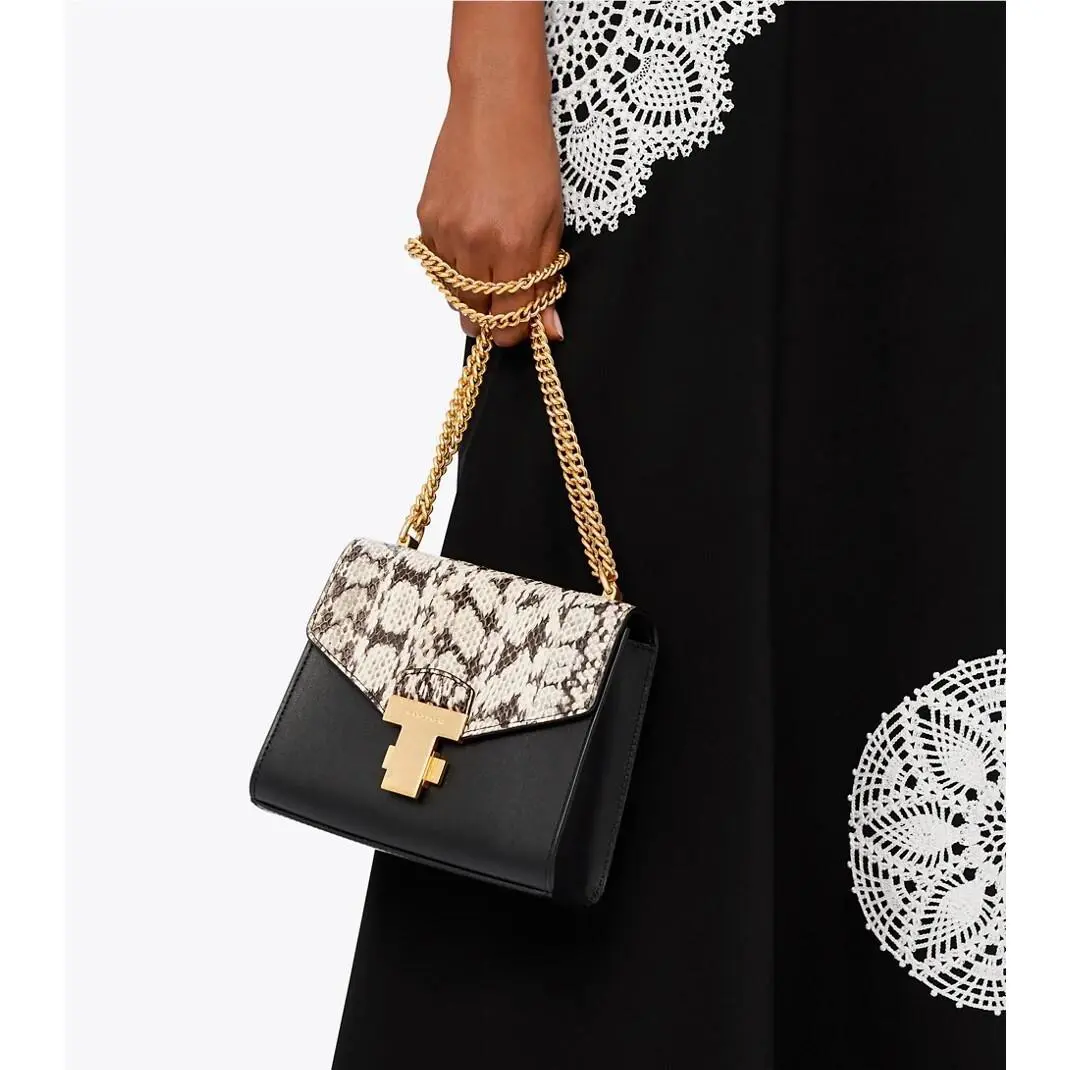 Tory Burch Juliette Snake Chain Leather Mini Bag Shoulder/crossbody Blacknatural