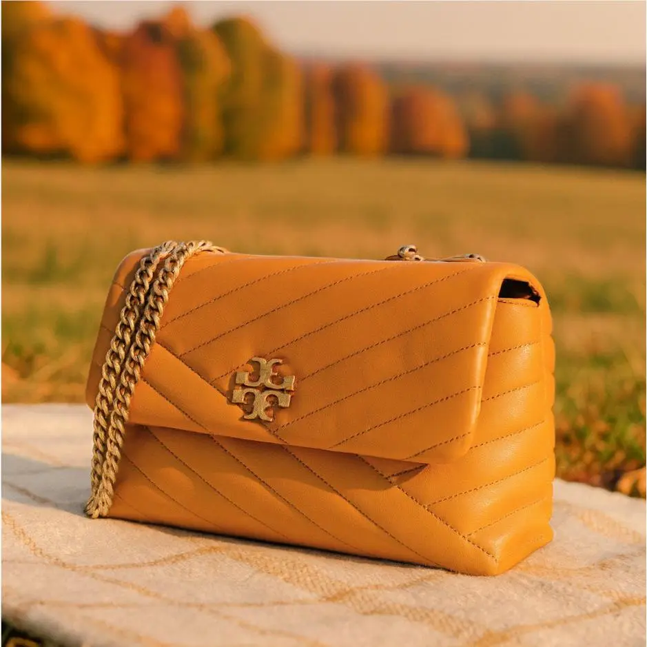 Tory Burch Kira Chevron Squash Orange Leather Small Convertible Shoulder Bag
