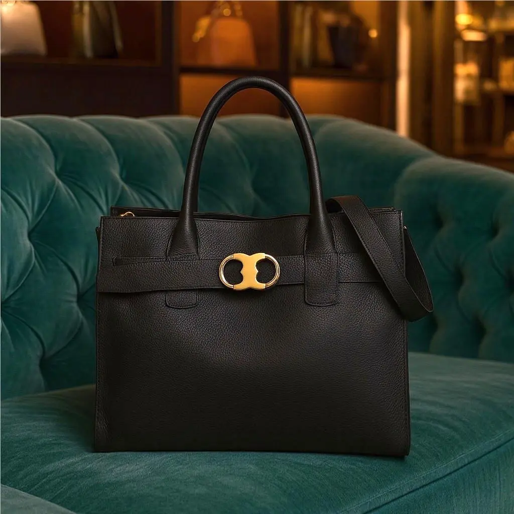 Tory Burch Gemini Link Black Leather Tote Bag with Removable Shoulder Strap