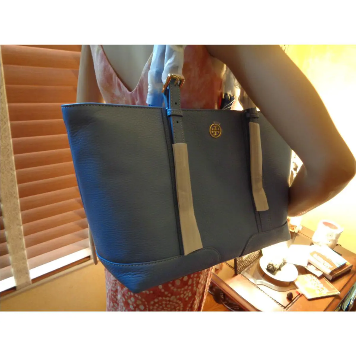 Tory Burch Landon Buckle Pebbled Leather Tote Med Blue Dusk Dustbag