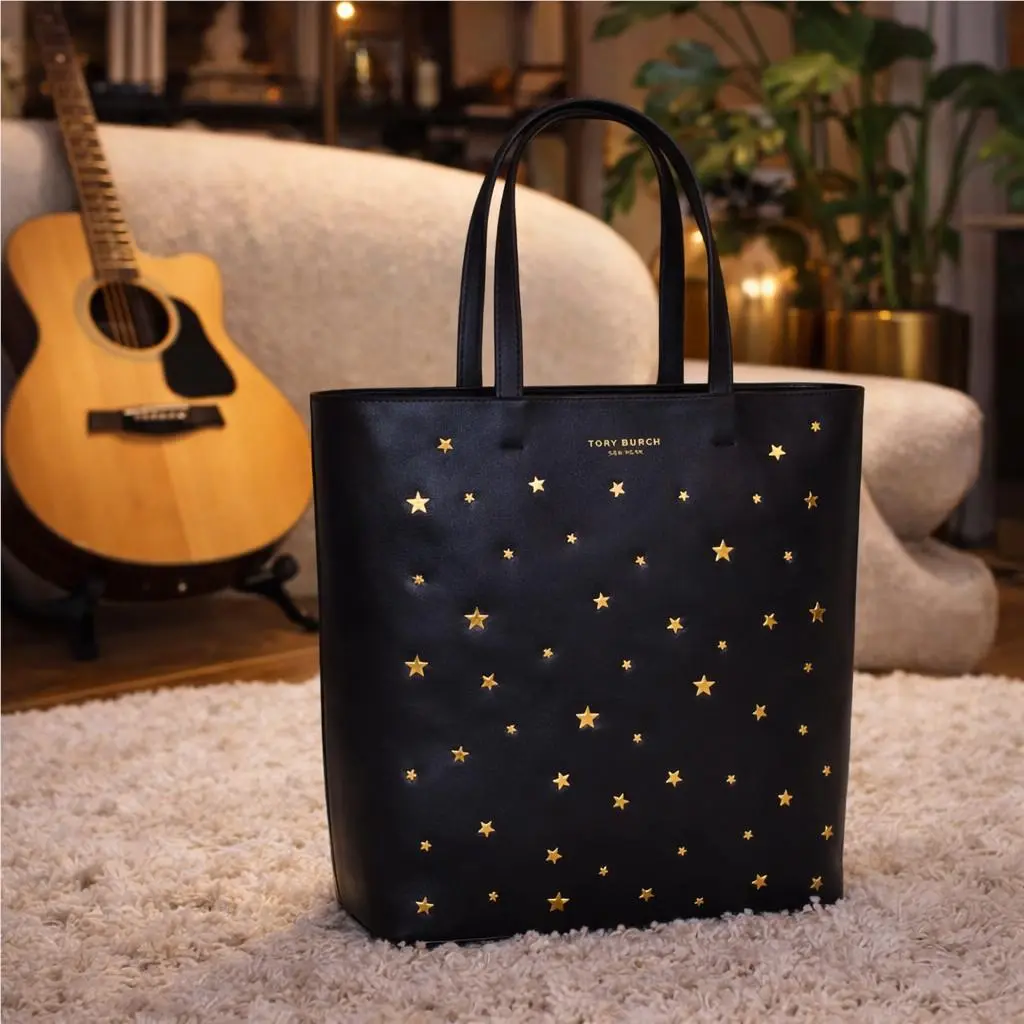 Tory Burch Fleming Gold Star Studs Black Soft Leather Small Tote Bag