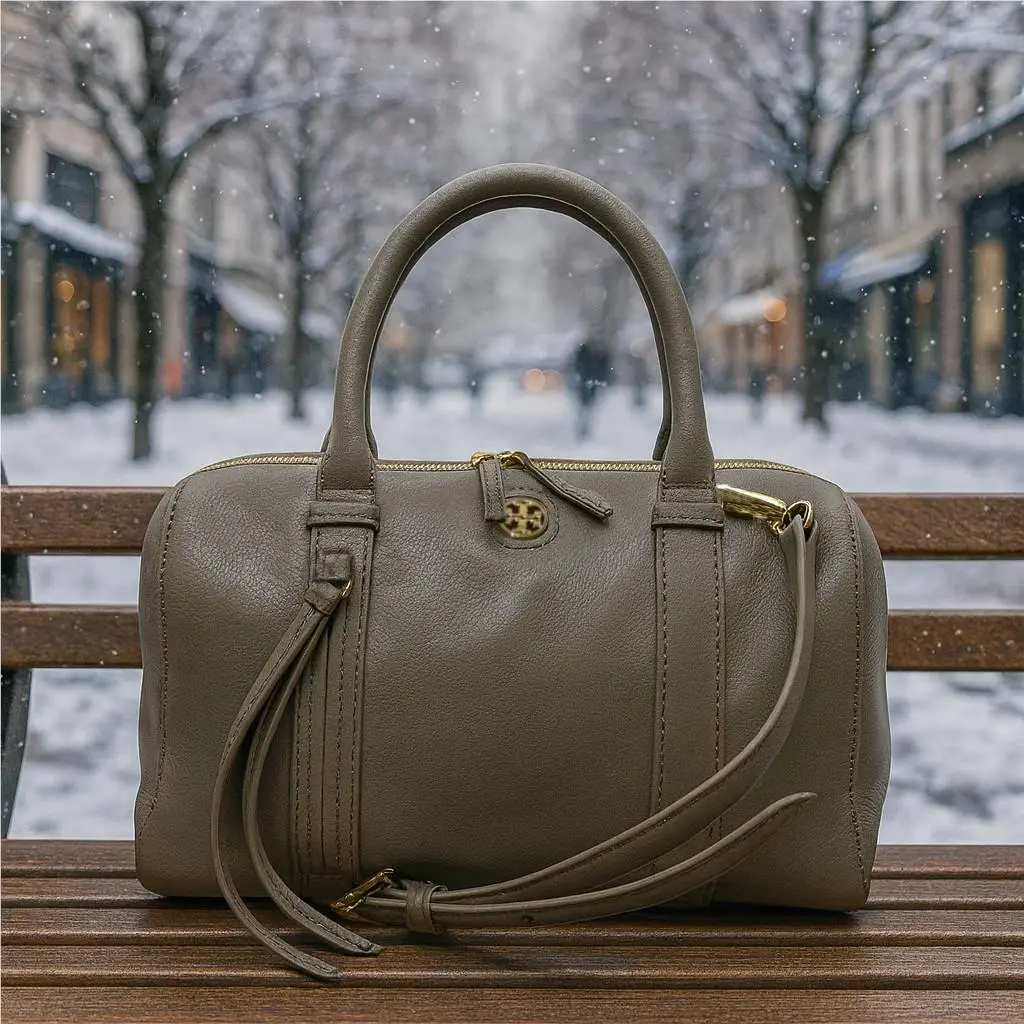 Tory Burch Brody Porcini Gray Leather Small Satchel Bag with Crossbody Strap