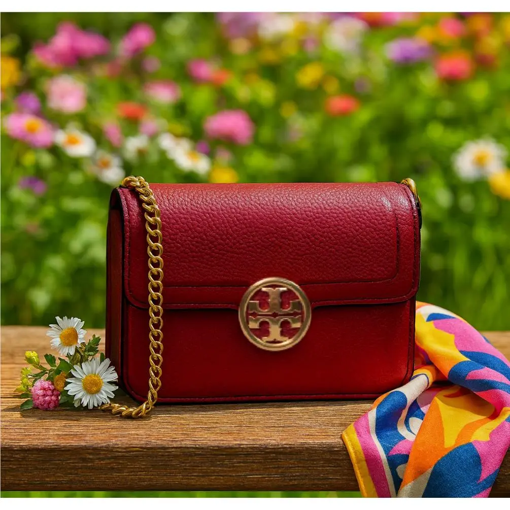 Tory Burch Olivia Red Stone Leather Mini Crossbody/shoulder Bag Chain Strap