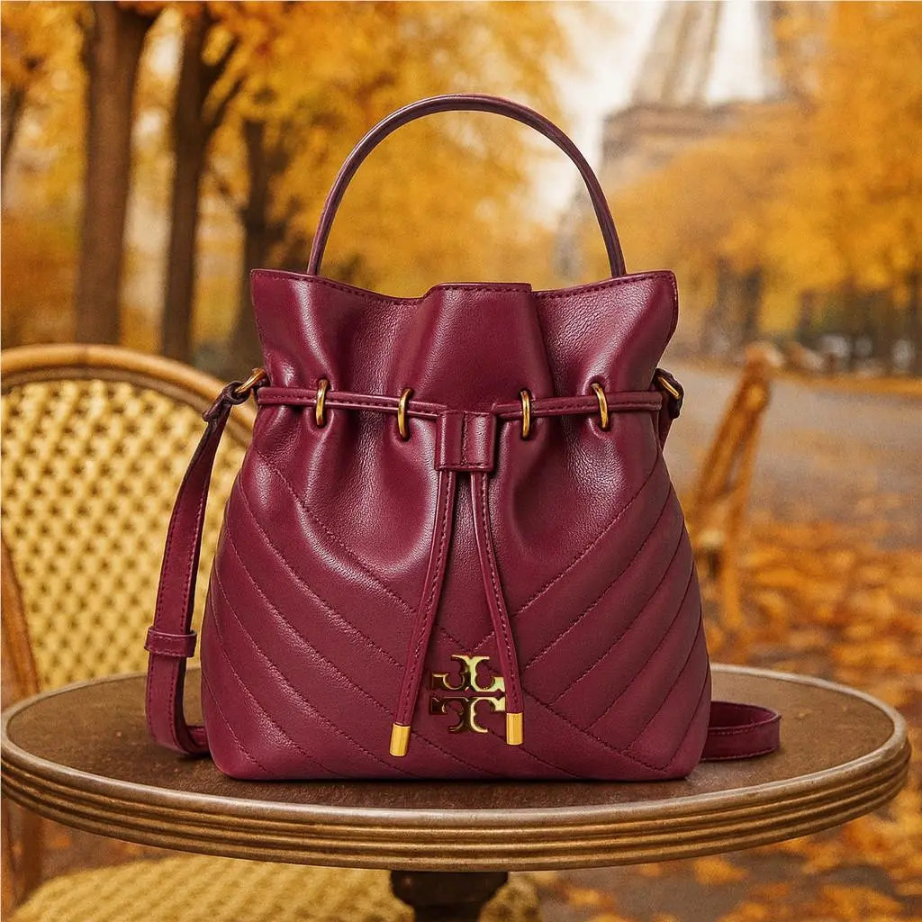 Tory Burch Kira Chevron Garnet Wine Red Quilted Leather Mini Bucket Tote Bag