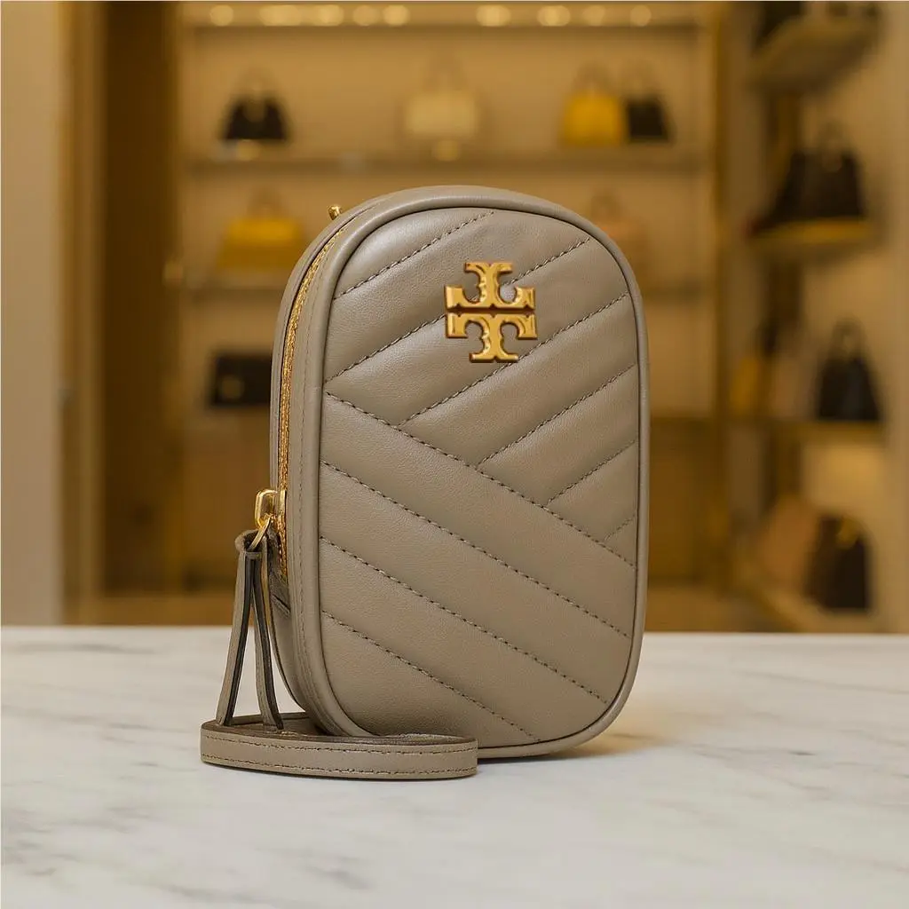 Tory Burch Kira Chevron Gray Heron Leather NS Mini Crossbody Phone Bag