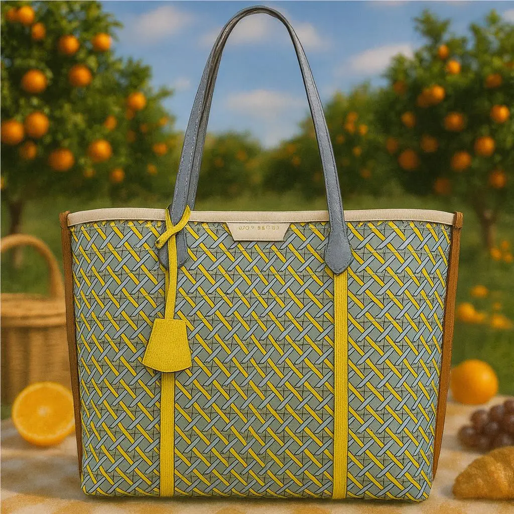 Tory Burch Perry Triple Compartment Northern Blue Basket Weave Tote Bag