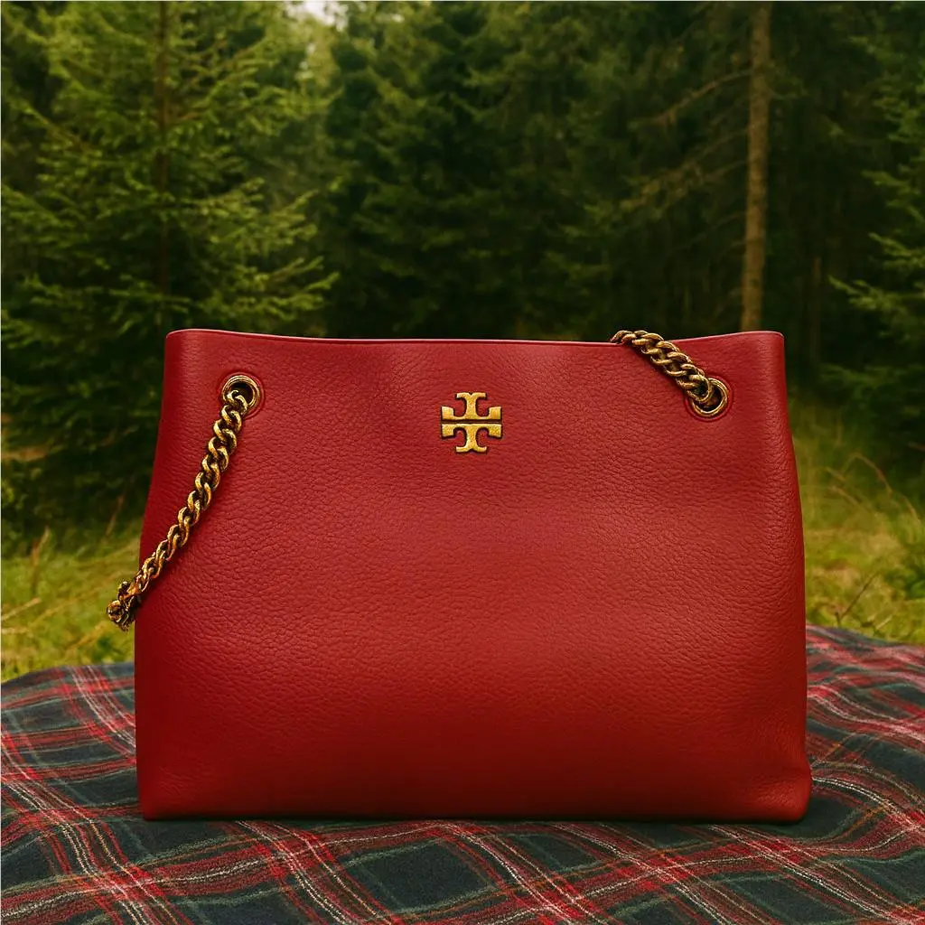 Tory Burch Kira Red Pebbled Leather Chain Straps Tote Shopper Bag