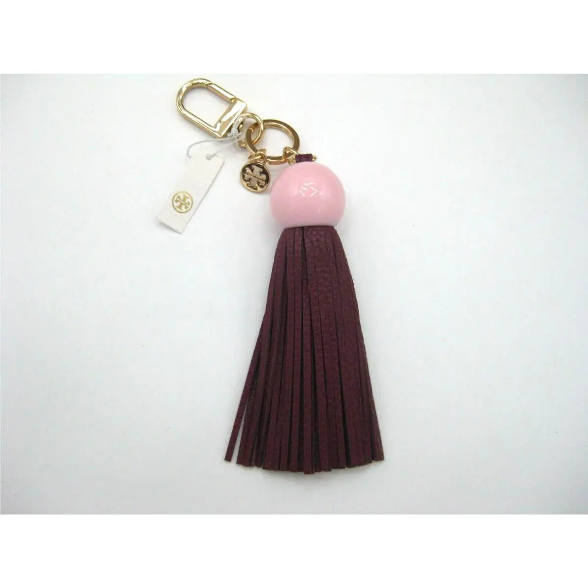 Tory Burch Resin Ball Leather Fringe Key Fob Bag Charm Gold Maroon Pink