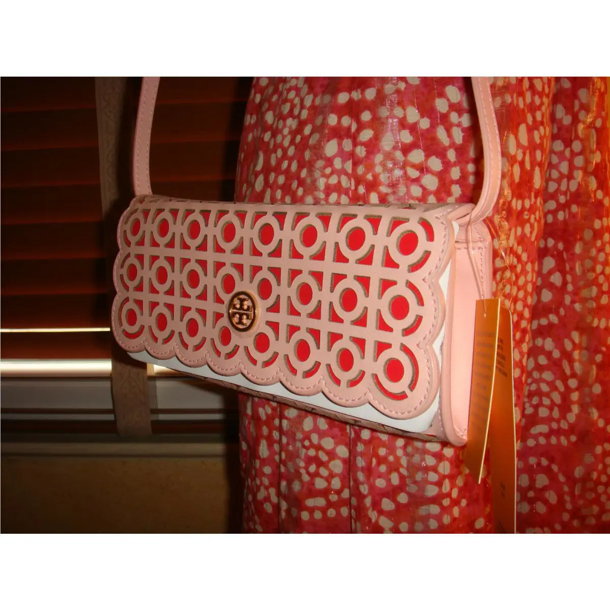 Tory Burch Kelsey Saffiano Cutout Leather Pink Red Clutch Dustbag