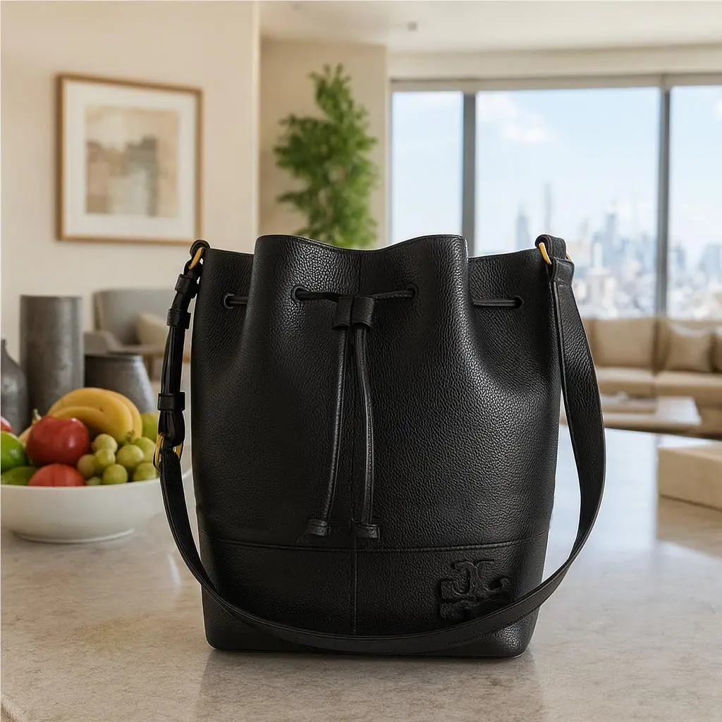 Tory Burch Mcgraw Black Leather Drawstring Bucket Tote Bag Adjustable Strap