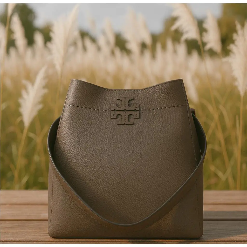 Tory Burch Mcgraw Silver Maple Taupe Leather Bucket Tote/shoulder Bag