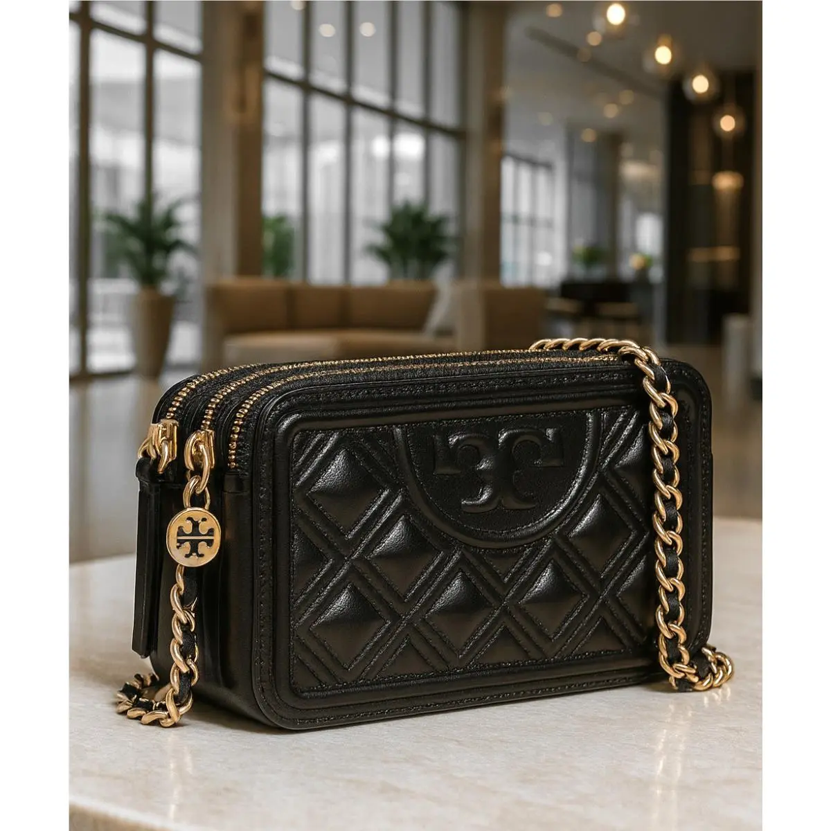 Tory Burch Fleming Black Leather Double Zip Mini Shoulder/crossbody Bag