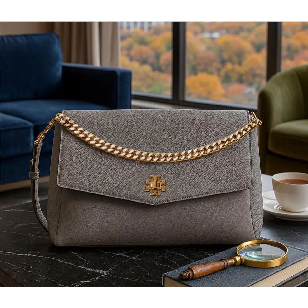 Tory Burch Kira Gray Mixed-leather Double Strap Shoulder Bag/crossbody Bag