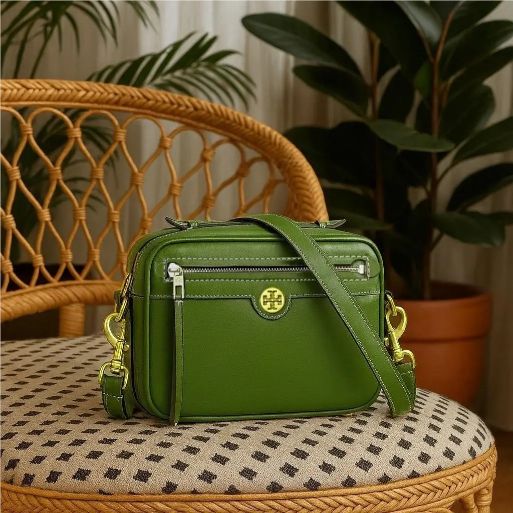 Tory Burch T Monogram Shiso Green Leather Crossbody Bag/camera Bag