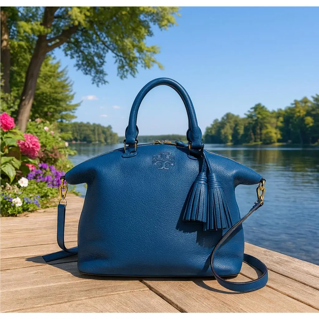 Tory Burch Thea Tidal Blue Pebbled Leather Slouchy Satchel/crossbody Bag