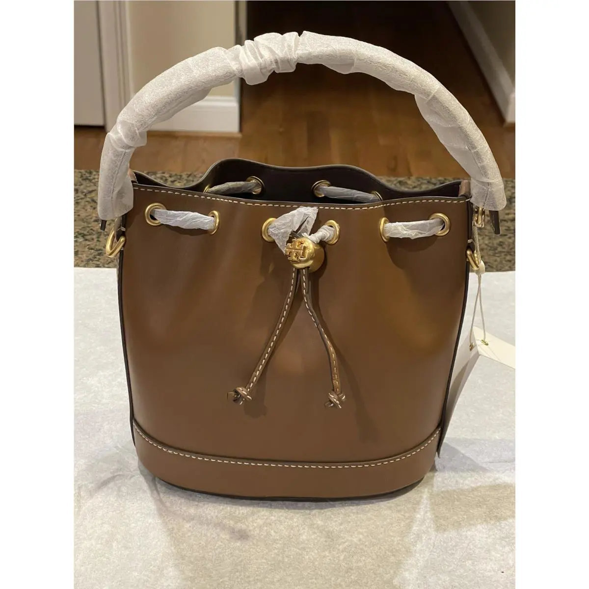 Tory Burch T Monogram Leather Bucket Bag - Moose - Style 80504