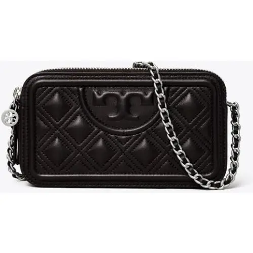 Tory Burch Fleming Double-zip Mini Bag Black Leather Silver Shoulder Chain Logo