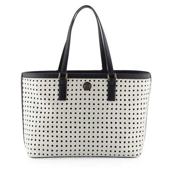 Tory Burch `robinson Basket Weave` Black White Vinyl Leather Trim Tote