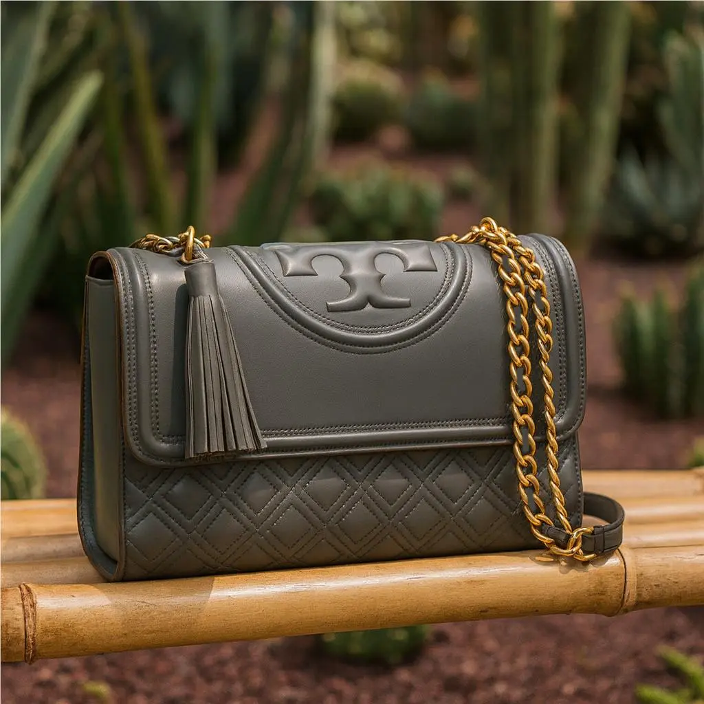 Tory Burch Fleming Overcast Gray Leather Small Crossbody Shoulder Bag