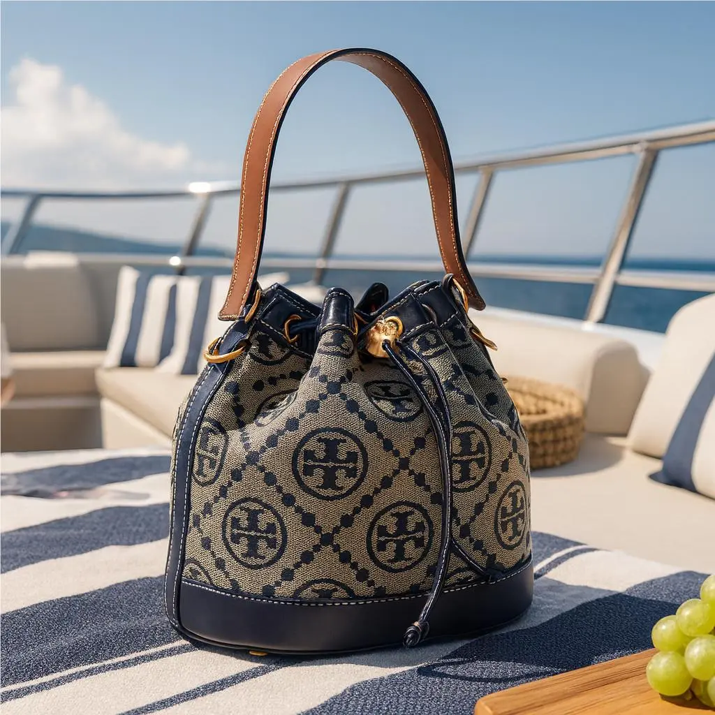 Tory Burch T Monogram Navy Jacquard Drawstring Bucket Tote/crossbody Bag