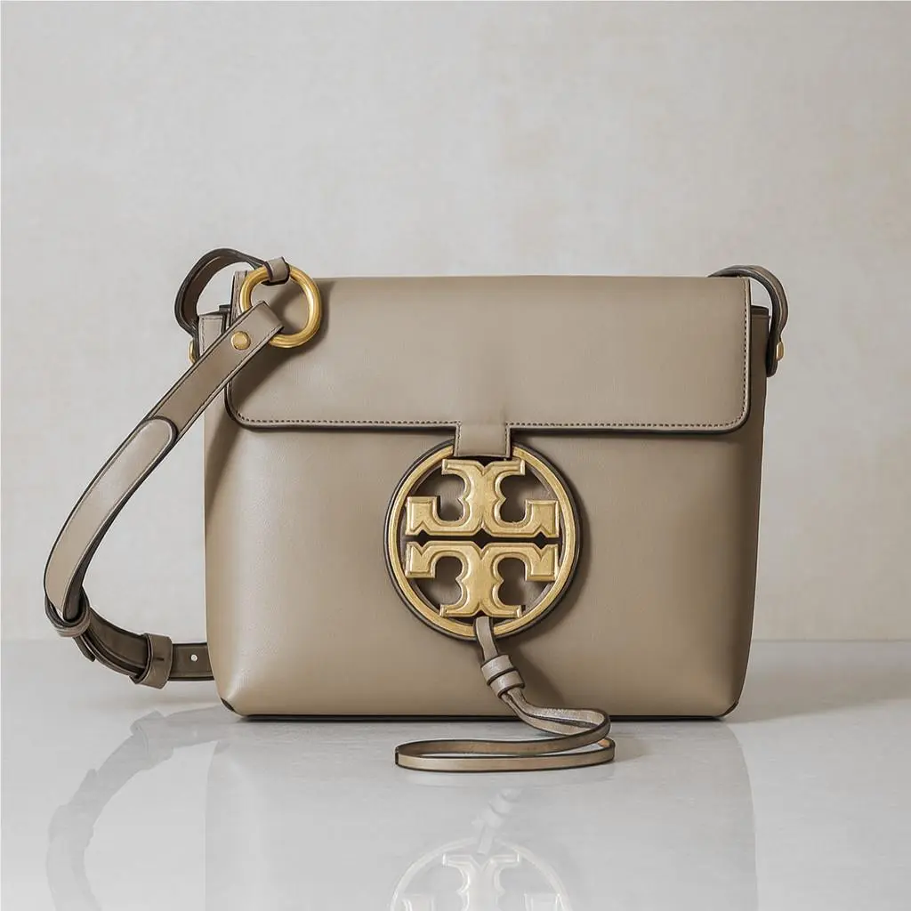 Tory Burch Miller Metal Logo Oryx Gray Full Grain Leather Crossbody Bag